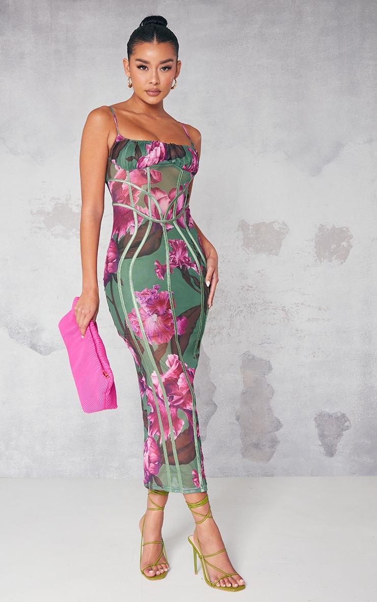 Green Floral Print Mesh Binding Detail Midaxi Dress Product Image