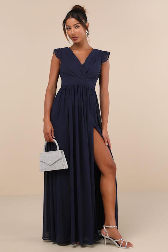 Gorgeous Goal Navy Pleated Backless Surplice Maxi Dress Product Image