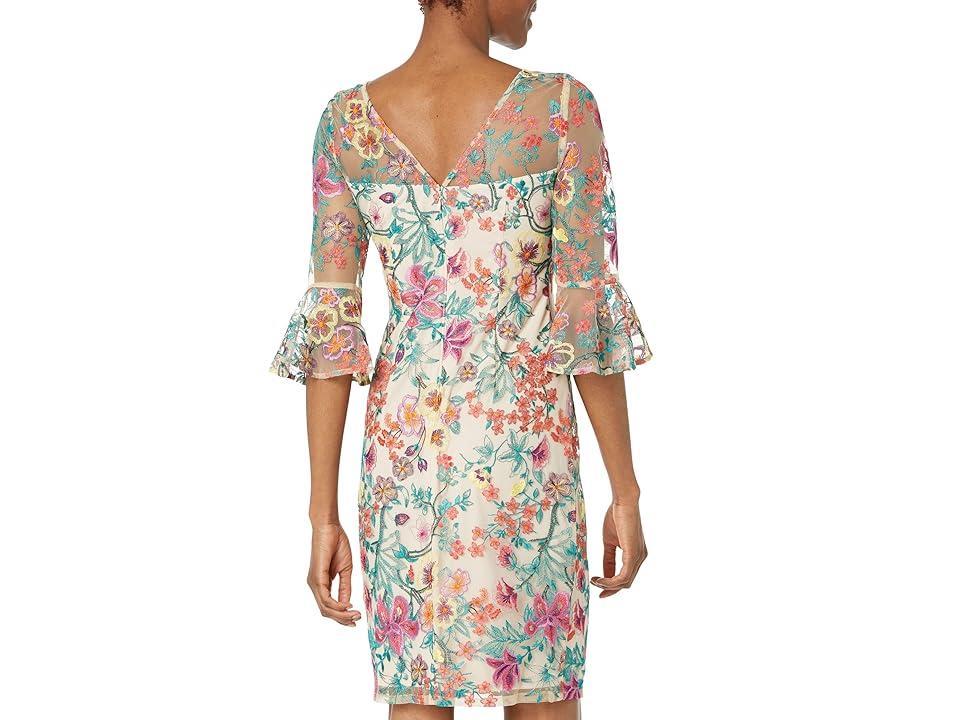 Adrianna Papell Floral Embroidered Sheath Dress with Bell Sleeves (Bright Rose Multi) Women's Dress Product Image