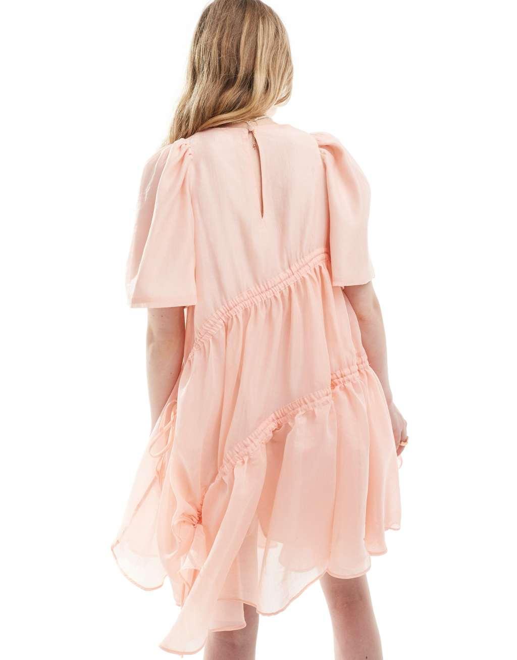 Ghospell asymmetric bow detail mini dress in pink Product Image