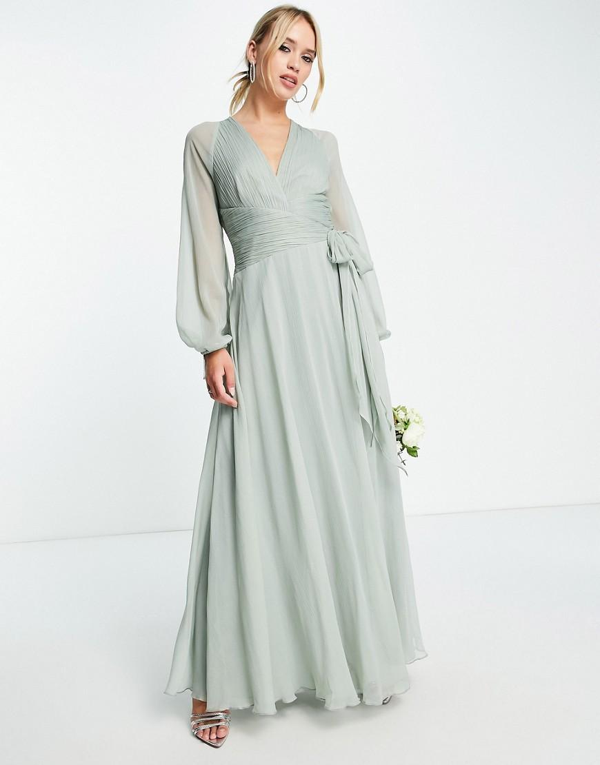 ASOS DESIGN Bridesmaid long sleeve ruched maxi dress with wrap skirt Product Image