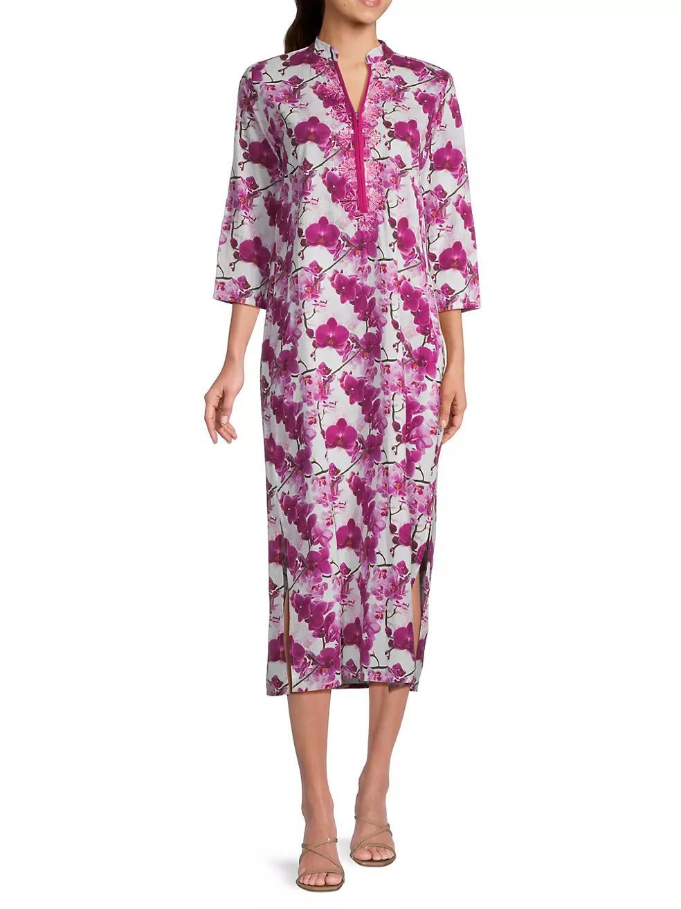 Clorinda Orchid-Print Cotton Midi-Dress Product Image