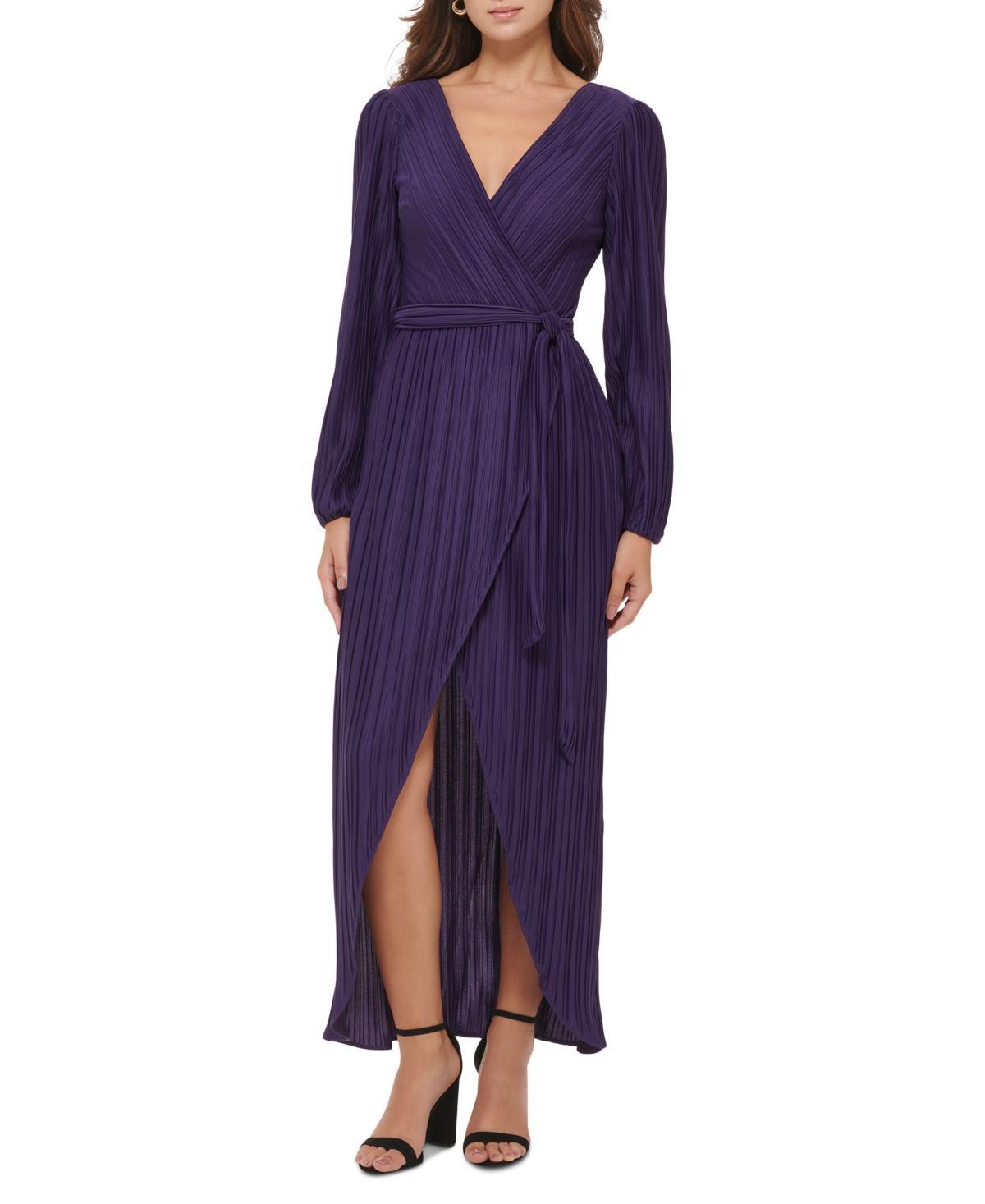 Guess Womens Pleated Woven Faux-Wrap V-Neck Maxi Dress Product Image