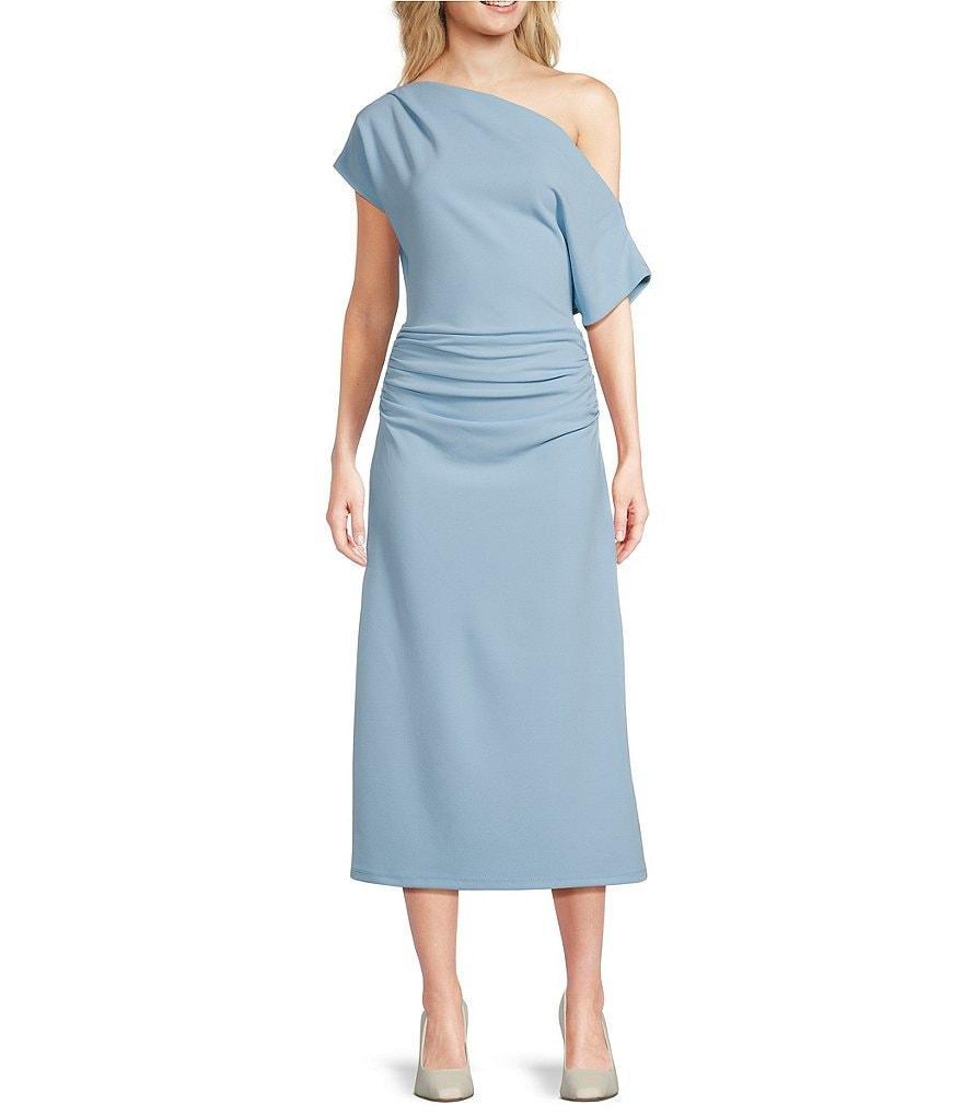 Gibson & Latimer Crepe Knit Asymmetric Neck One Shoulder Off-the-Shoulder Short Sleeve Ruched Sheath Midi Dress Product Image