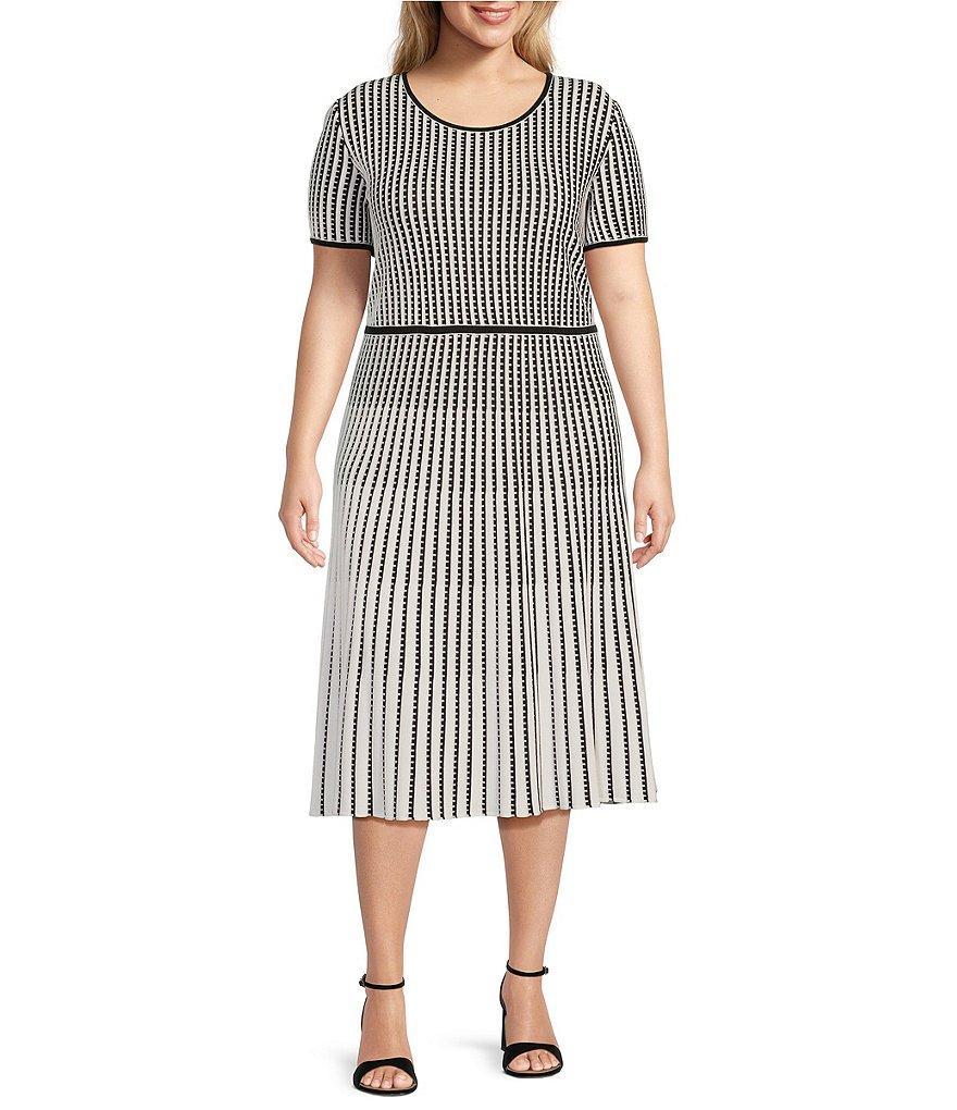 Ming Wang Plus Size Soft Knit Grid Striped Print Short Sleeve Contrasting Trim A-Line Midi Dress Product Image