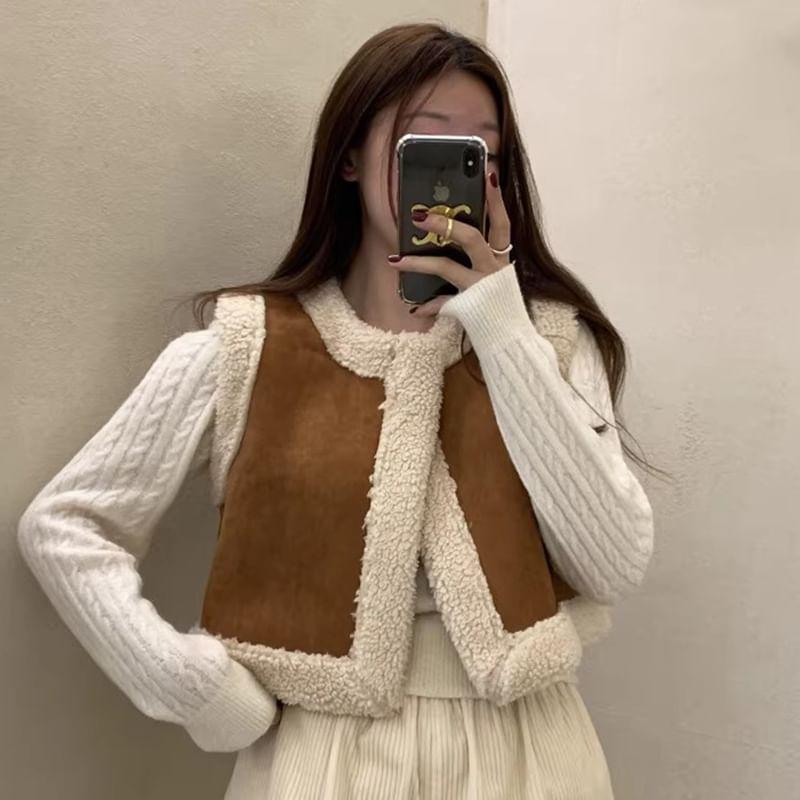 Round Neck Faux Shearling Open Front Vest Product Image