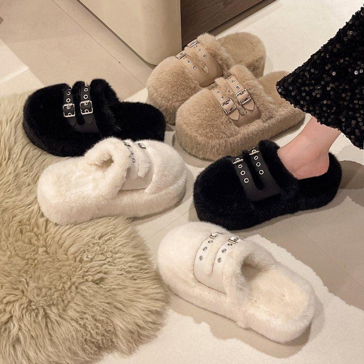 Buckled Fluffy Platform Mules Product Image