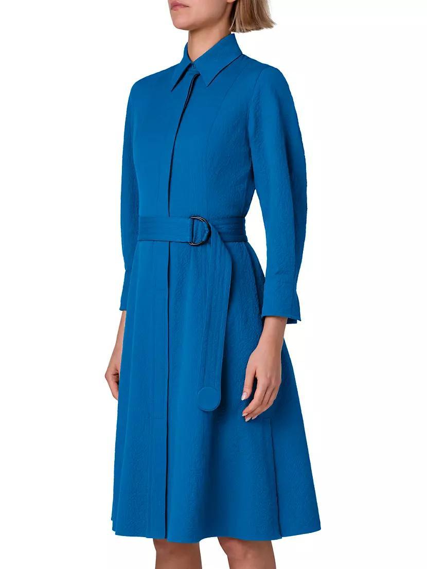 Belted Seersuckered Cotton Knee-Length Dress Product Image