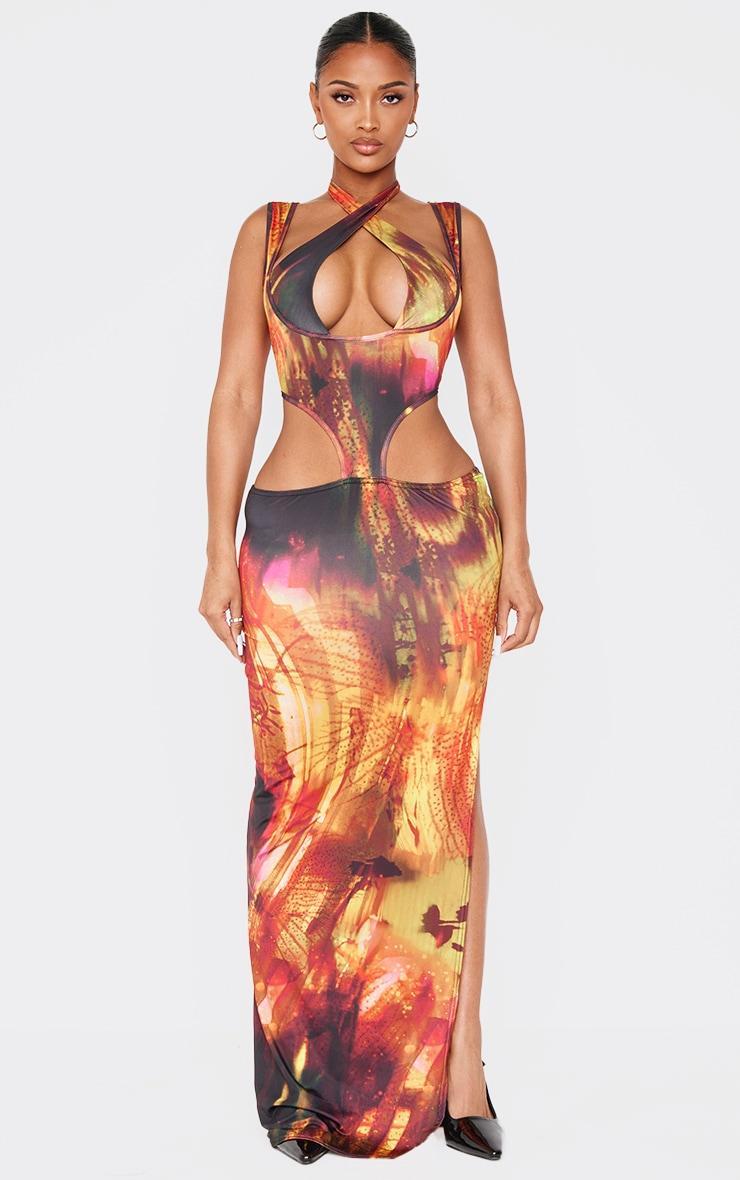  Shape Orange Abstract Printed Slinky Cut Out Tie Detail Maxi Dress product image