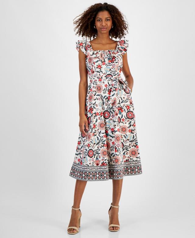 T Tahari Womens Floral-Print Fit & Flare Midi Dress Product Image