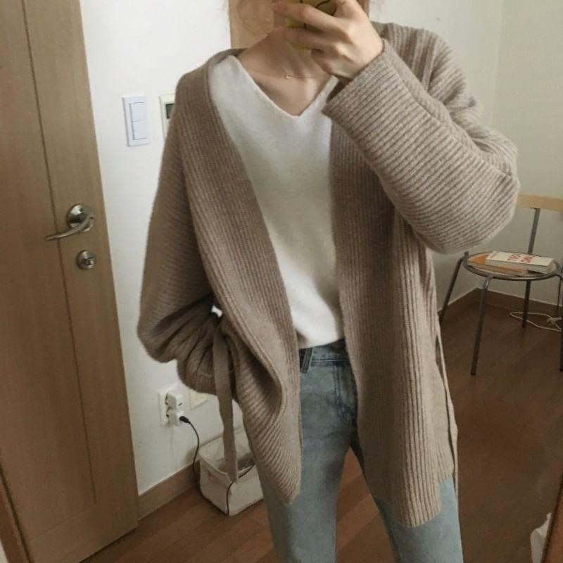 V-Neck Ribbed Sashed Cardigan Product Image