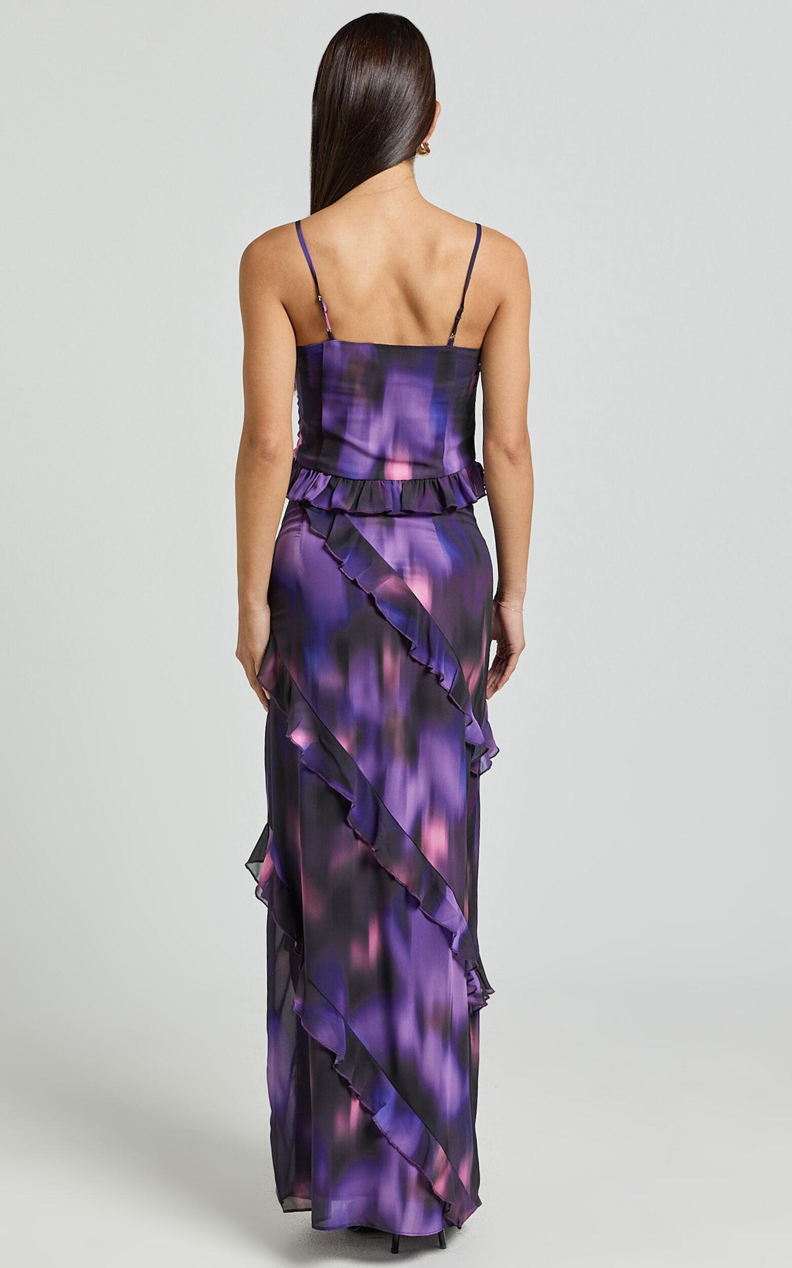 Velma Maxi Skirt - Recycled Tiered Ruffle Thigh Split Skirt in Violet Night Print Product Image