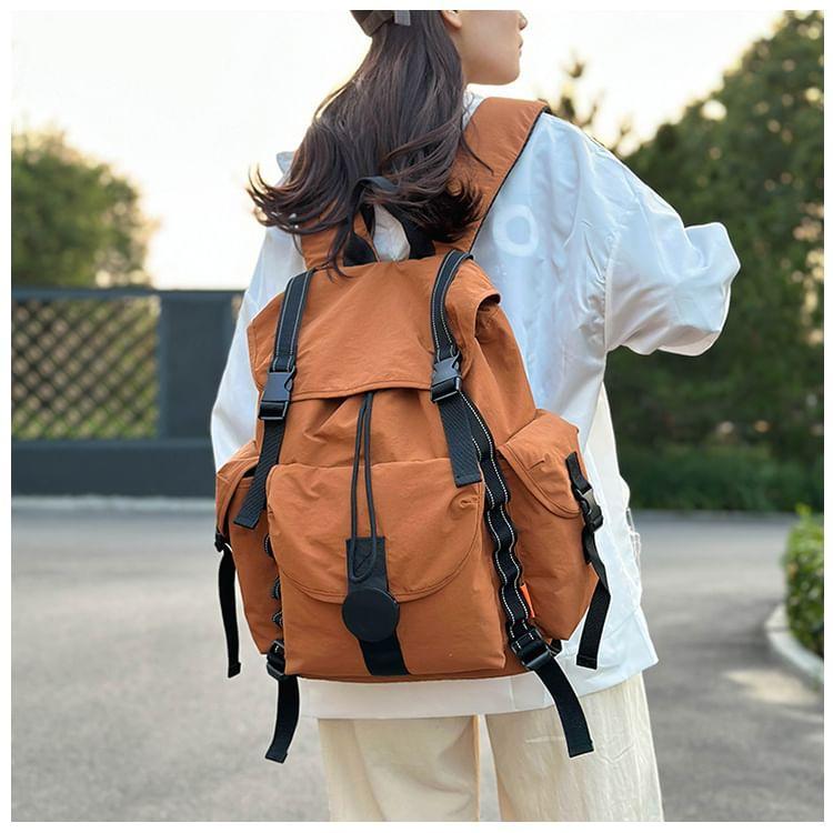 Plain Drawstring Buckled Nylon Flap Backpack Product Image