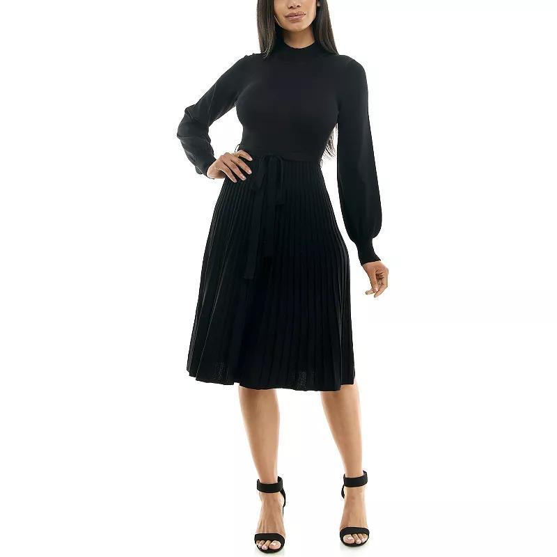 Womens Nina Leonard Balloon Sleeve Pleated Midi Sweater Dress Grey Product Image