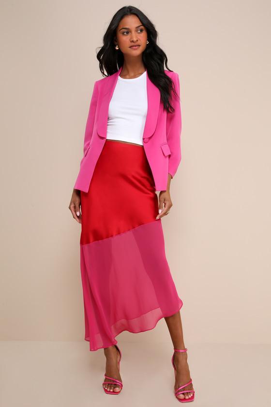 Memorable Approach Red and Pink Color Block Satin Midi Skirt Product Image