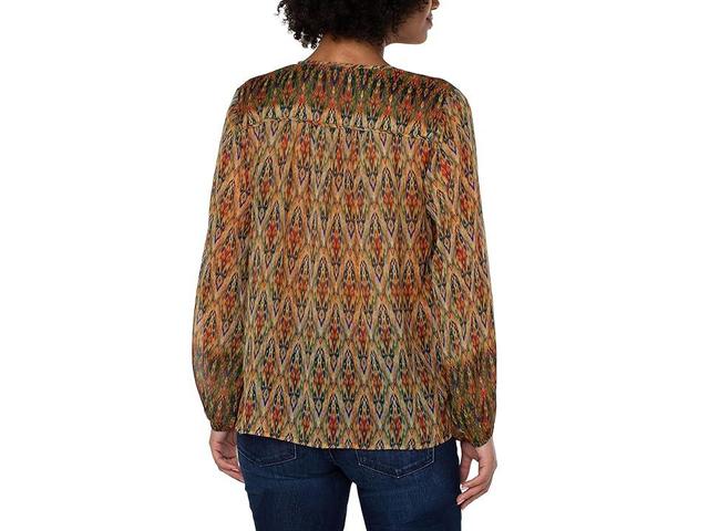 Liverpool Los Angeles Ikat Print Double Layer Woven Split V-Neck Long Sleeve Blouse Product Image