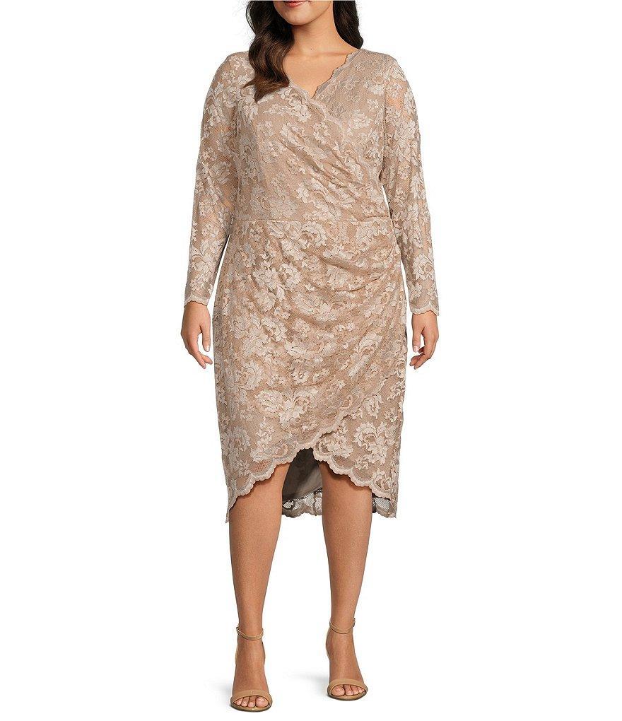 Marina Plus Size Long Sleeve V-Neck Scalloped Lace Dress Product Image