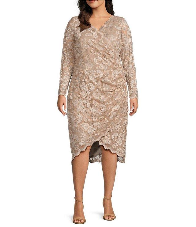 Marina Plus Size Long Sleeve V-Neck Scalloped Lace Dress Product Image