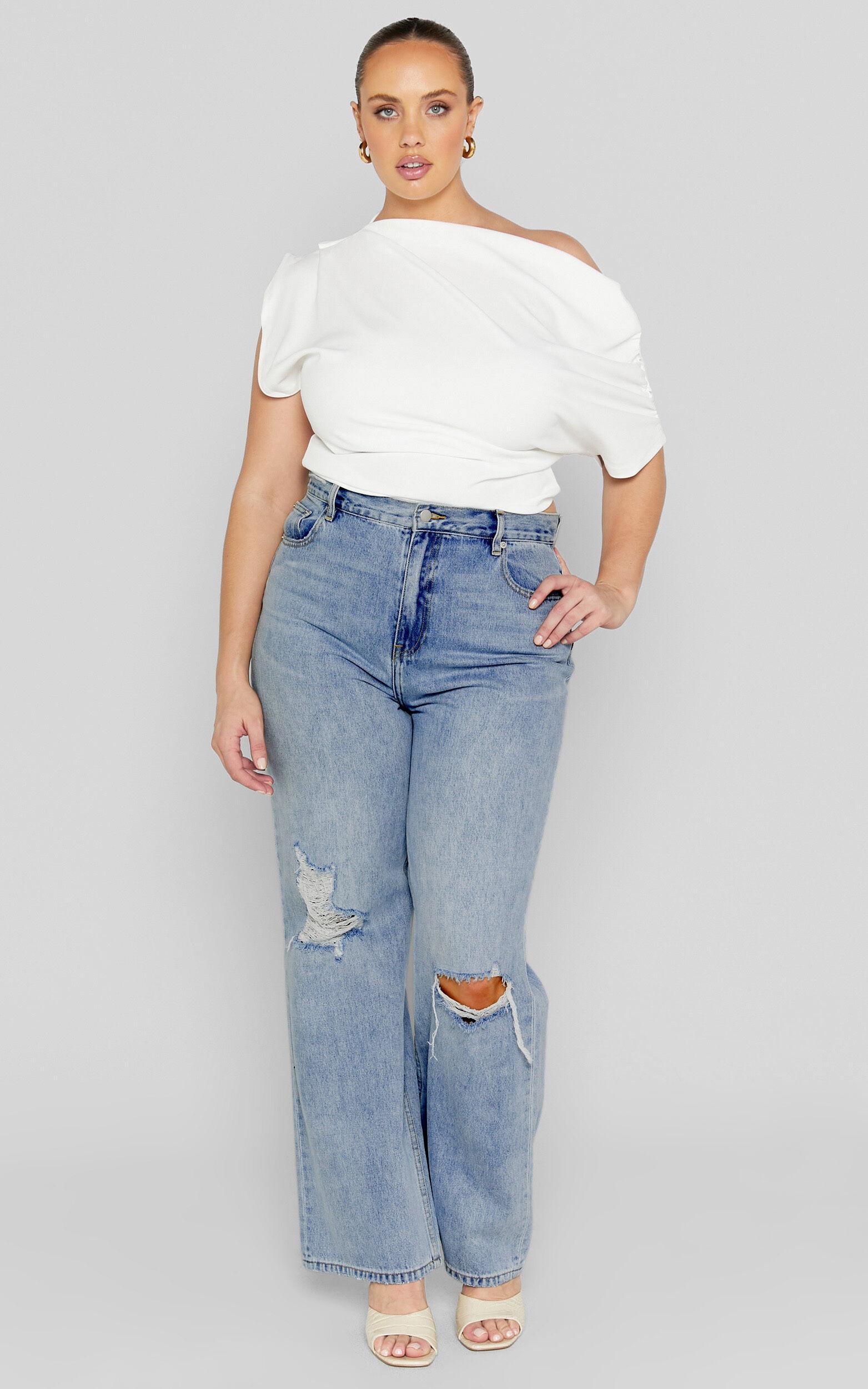 Miho Jeans - High Waisted Recycled Cotton Distressed Straight Leg Denim Jeans in Mid Blue Wash Product Image