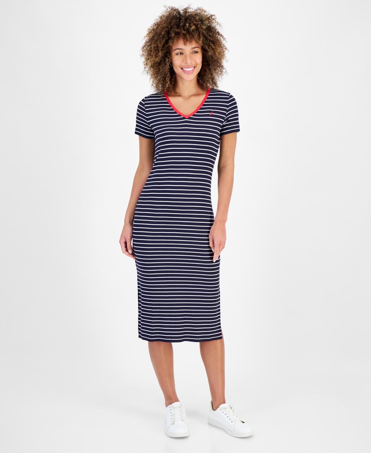 Women's Striped Rib-Knit Midi T-Shirt Dress Product Image