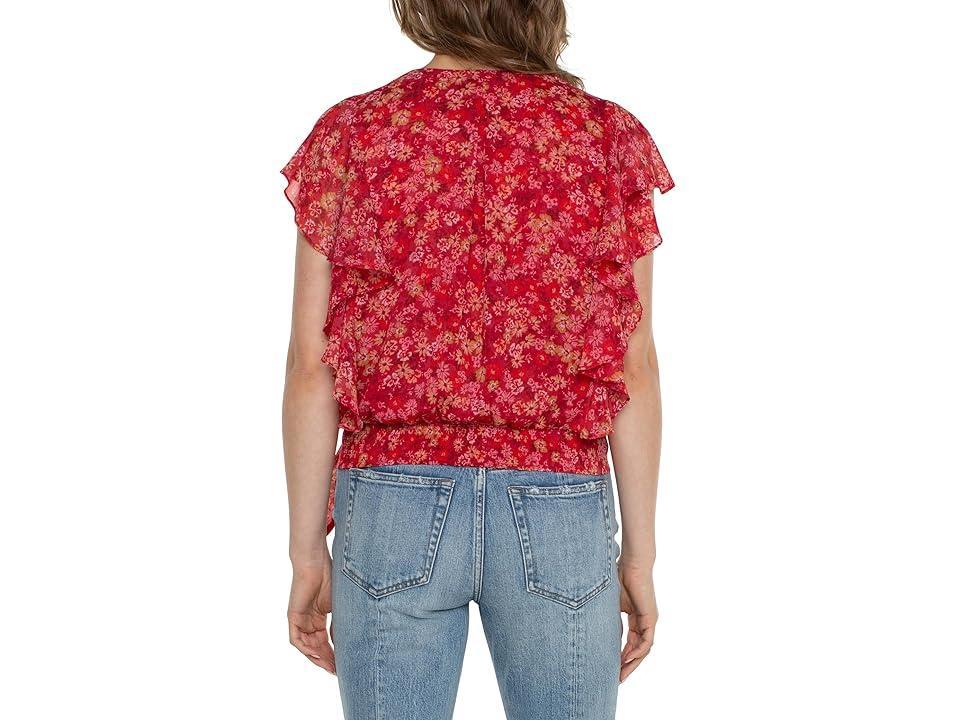 Liverpool Los Angeles Ruffle Sleeve Draped Front Chiffon Top with Waist Tie (Berry Blossom Floral) Women's Clothing Product Image