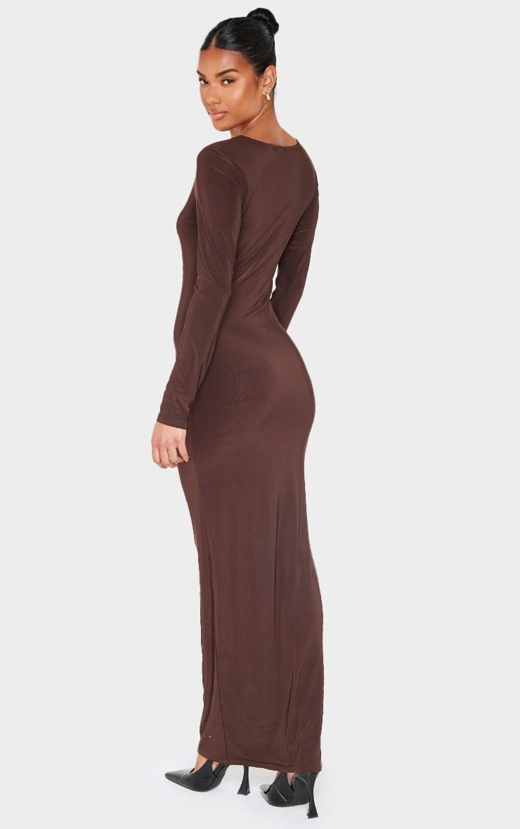 Chocolate Double Slinky Asymmetric Neck Line Long Sleeve Maxi Dress Product Image