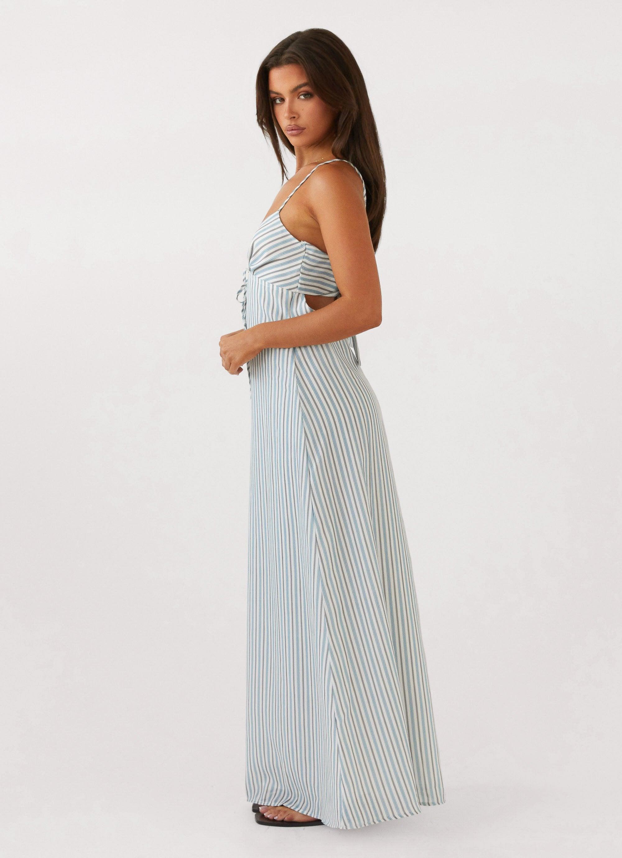 Flora Linen Maxi Dress - Blue Choc Stripe Product Image