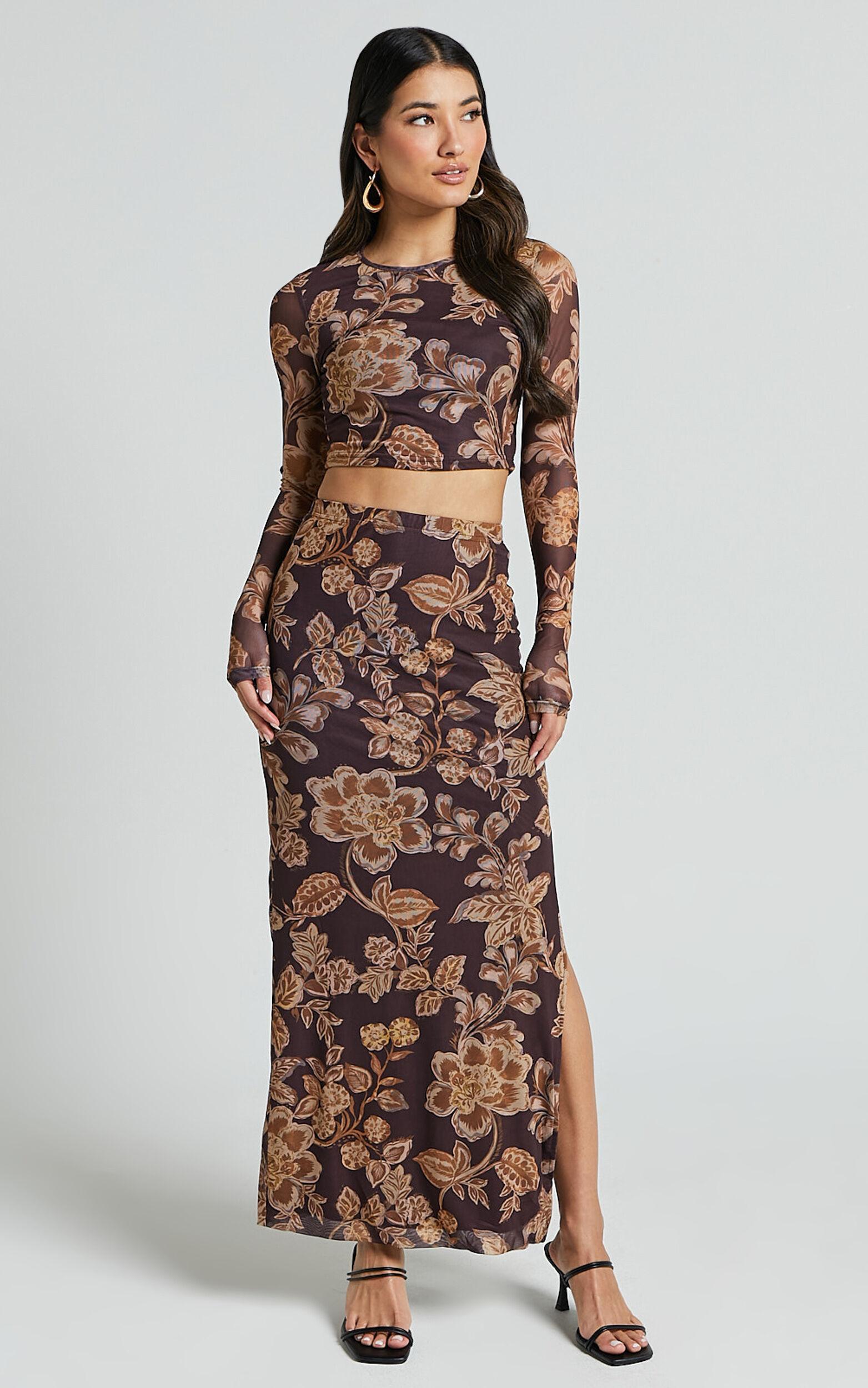 Willow Two Piece Set - Long Sleeve Top and Midi Skirt Mesh Set in Amber Bloom Print Product Image