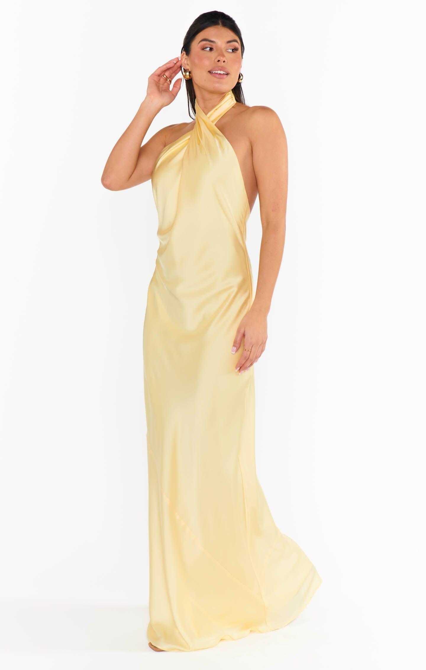 Jasmine Halter Maxi Dress ~ Pale Yellow Luxe Satin Product Image