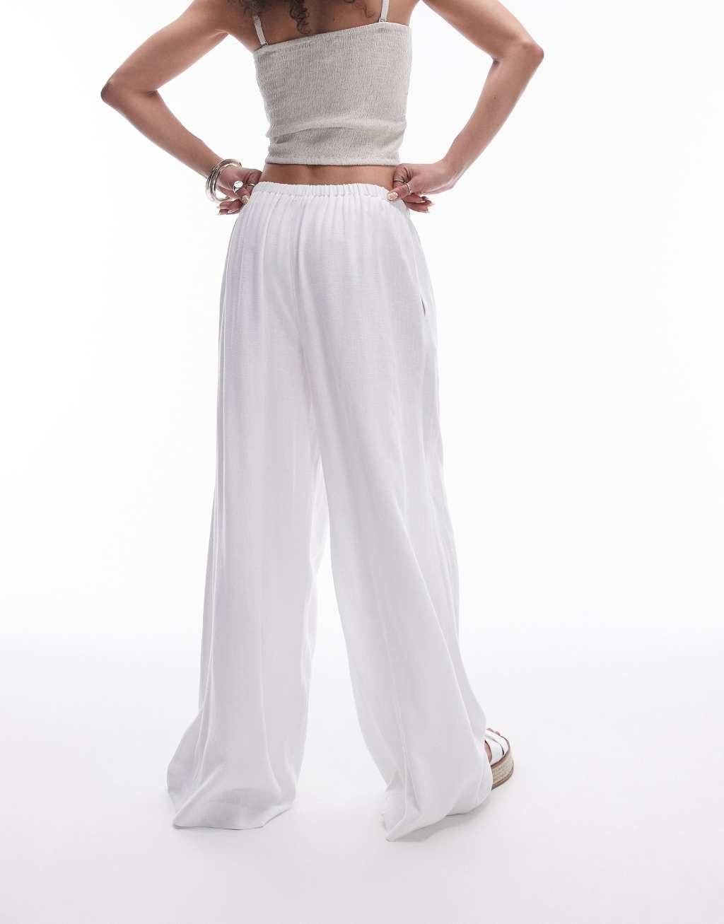 Topshop linen tie waist wide leg pants in white Product Image