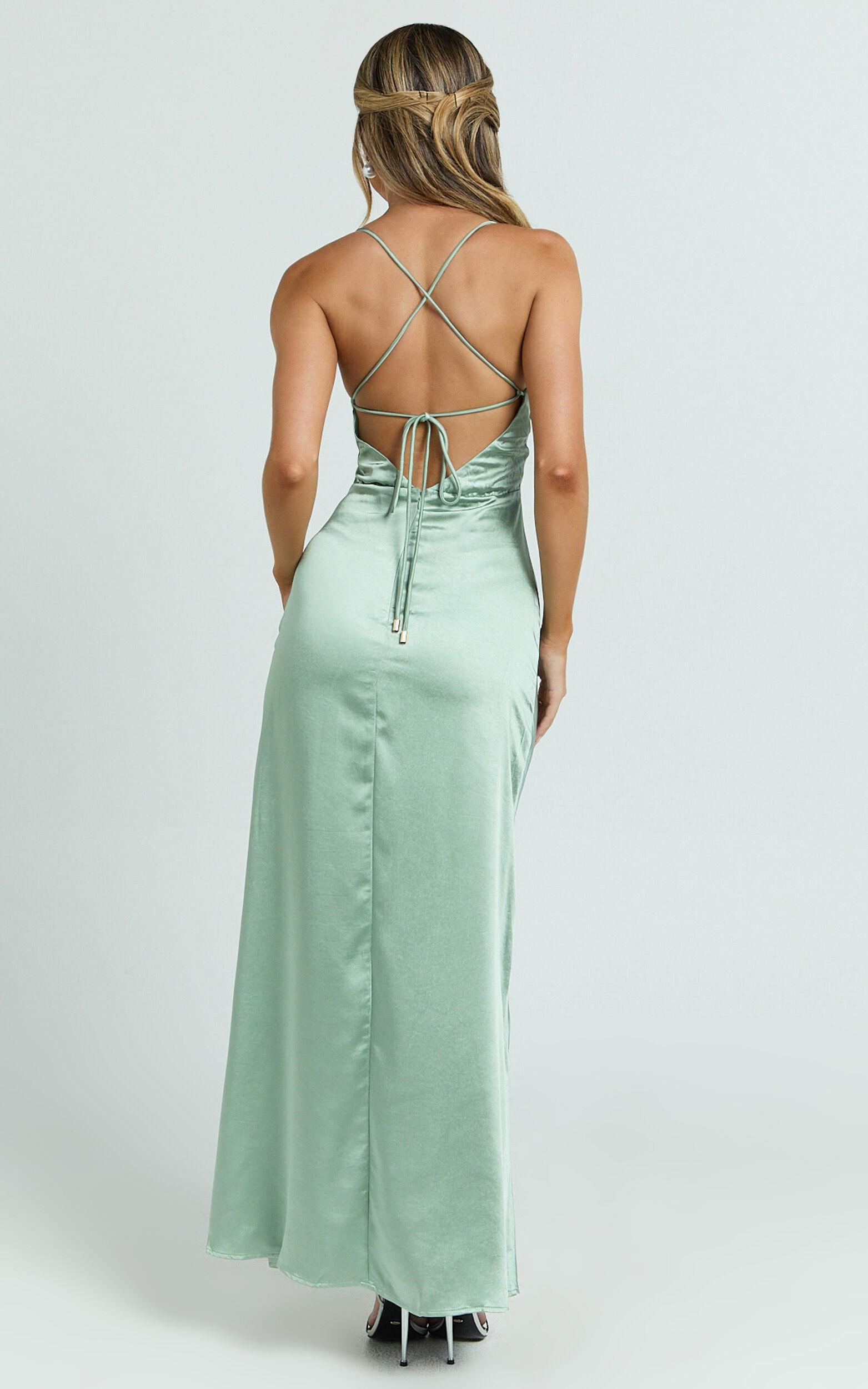 Heidi Maxi Dress - Satin Ruched Bust Tie Back Dress in Sage Product Image