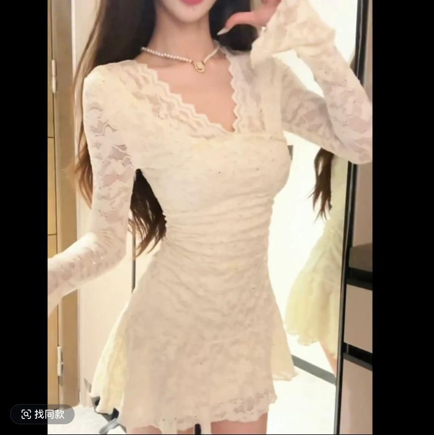 Long-Sleeve V-Neck Rhinestone Lace Mini A-Line Dress Product Image