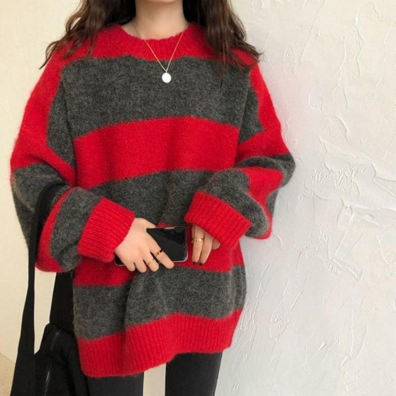 Crew Neck Striped Oversized Sweater Product Image