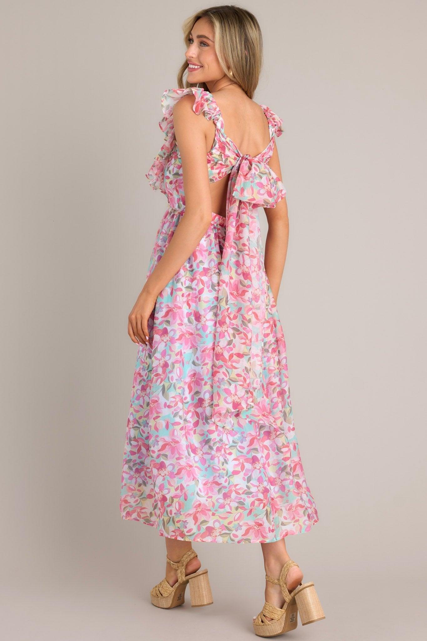 Garden Gala Pink Floral Ruffle Sleeve Midi Dress Product Image