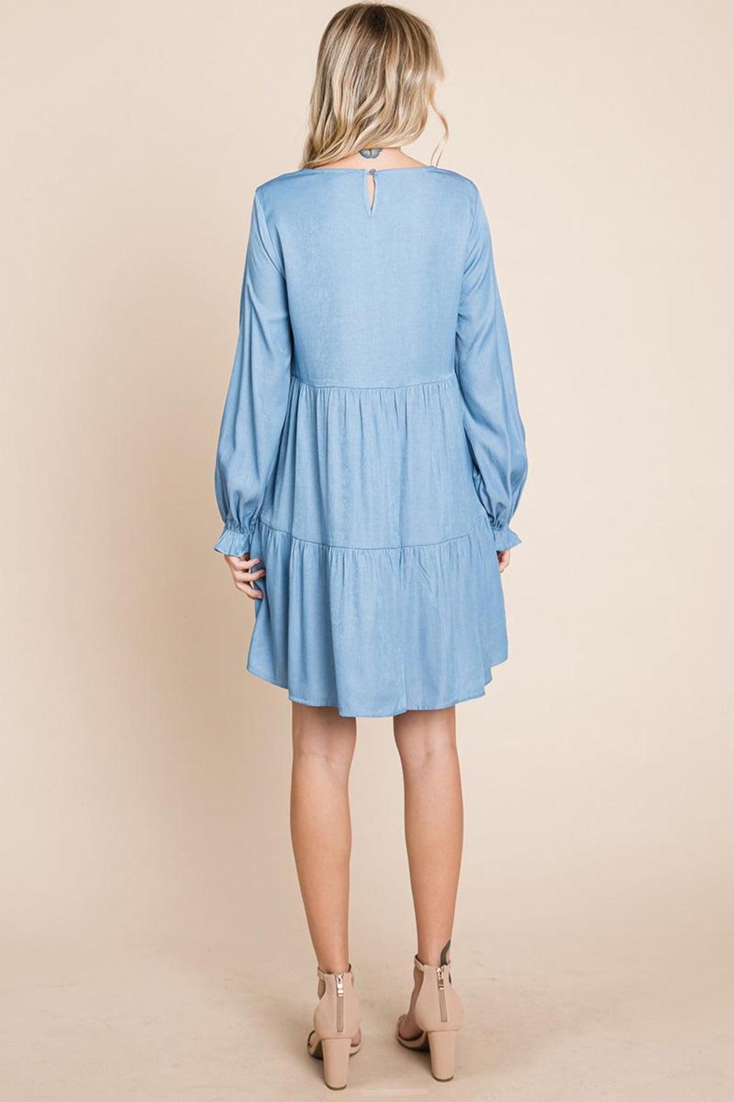 Chambray Pleated Tiered Long Sleeve Dress Product Image