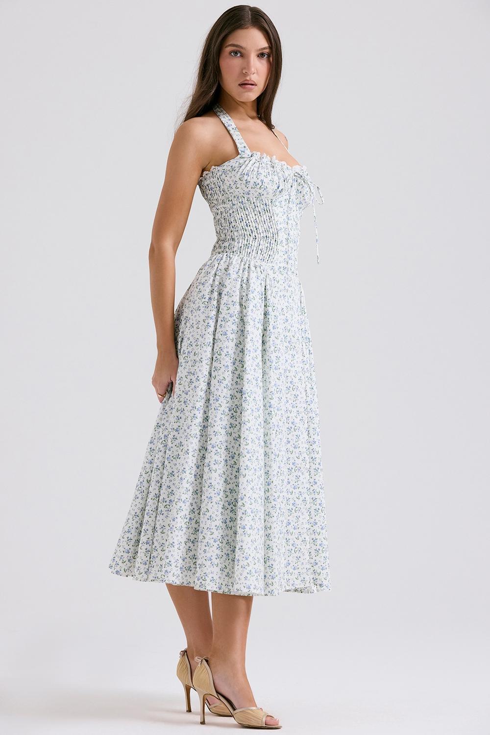 Adabella White Bluebell Print Cotton Halter Sundress Product Image