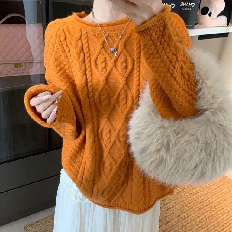 Round Neck Plain Cable Knit Sweater Product Image