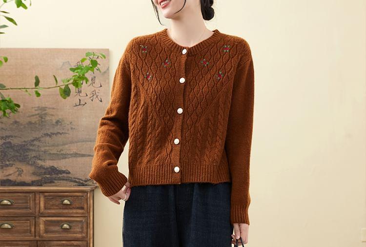 Round Neck Flower Embroidered Cable-Knit Cardigan Product Image