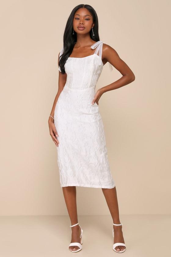 Gorgeous Persona White Satin Jacquard Tie-Strap Midi Dress Product Image