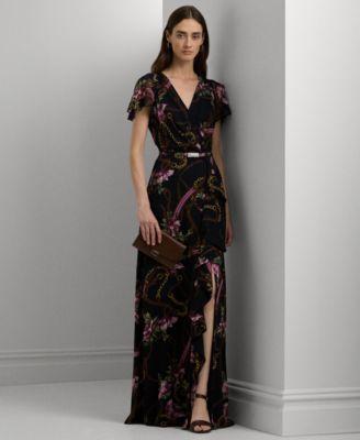 Lauren Ralph Lauren Womens Belted Floral Flutter-Sleeve Gown Product Image