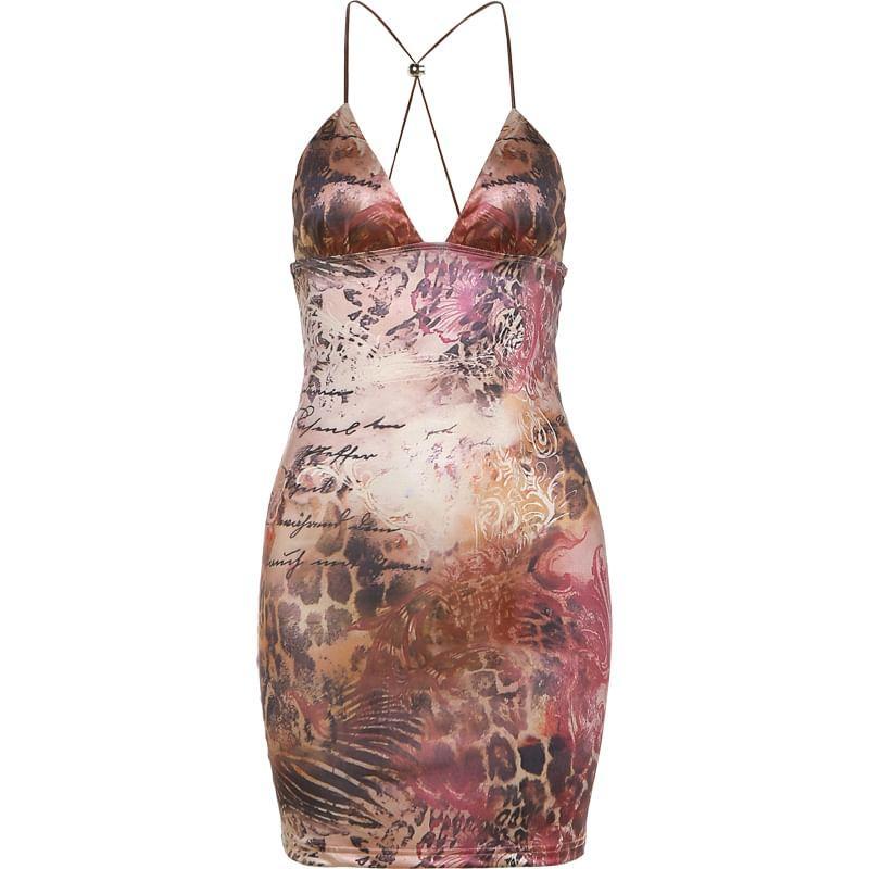 Spaghetti Strap V-Neck Leopard  Mini Bodycon Dress Product Image