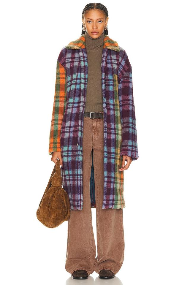 The Elder Statesman Felt Check Patchwork Coat in Purple Product Image