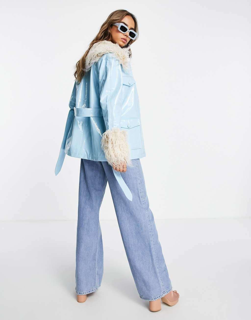 Miss Selfridge shaggy faux fur collar patent tie waist shacket in pale blue  Product Image