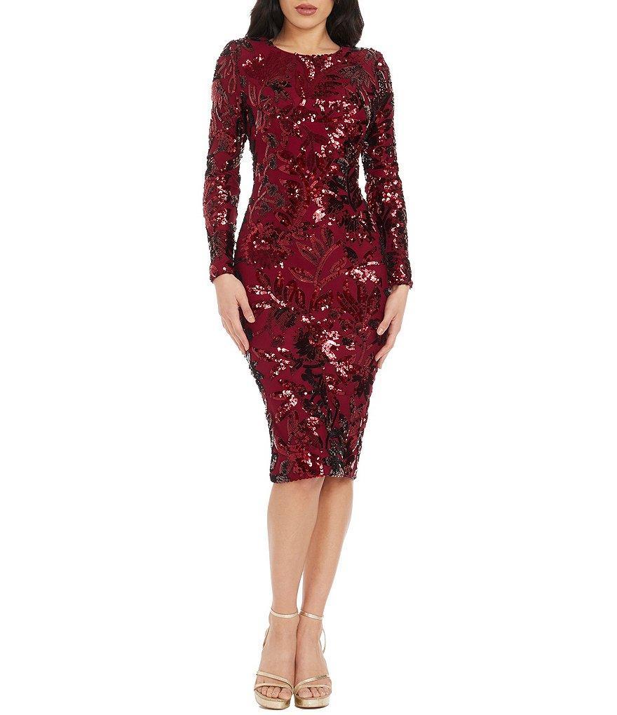 Dress the Population Emmalyn Sequin Round Neck Long Sleeve Bodycon Midi Dress Product Image