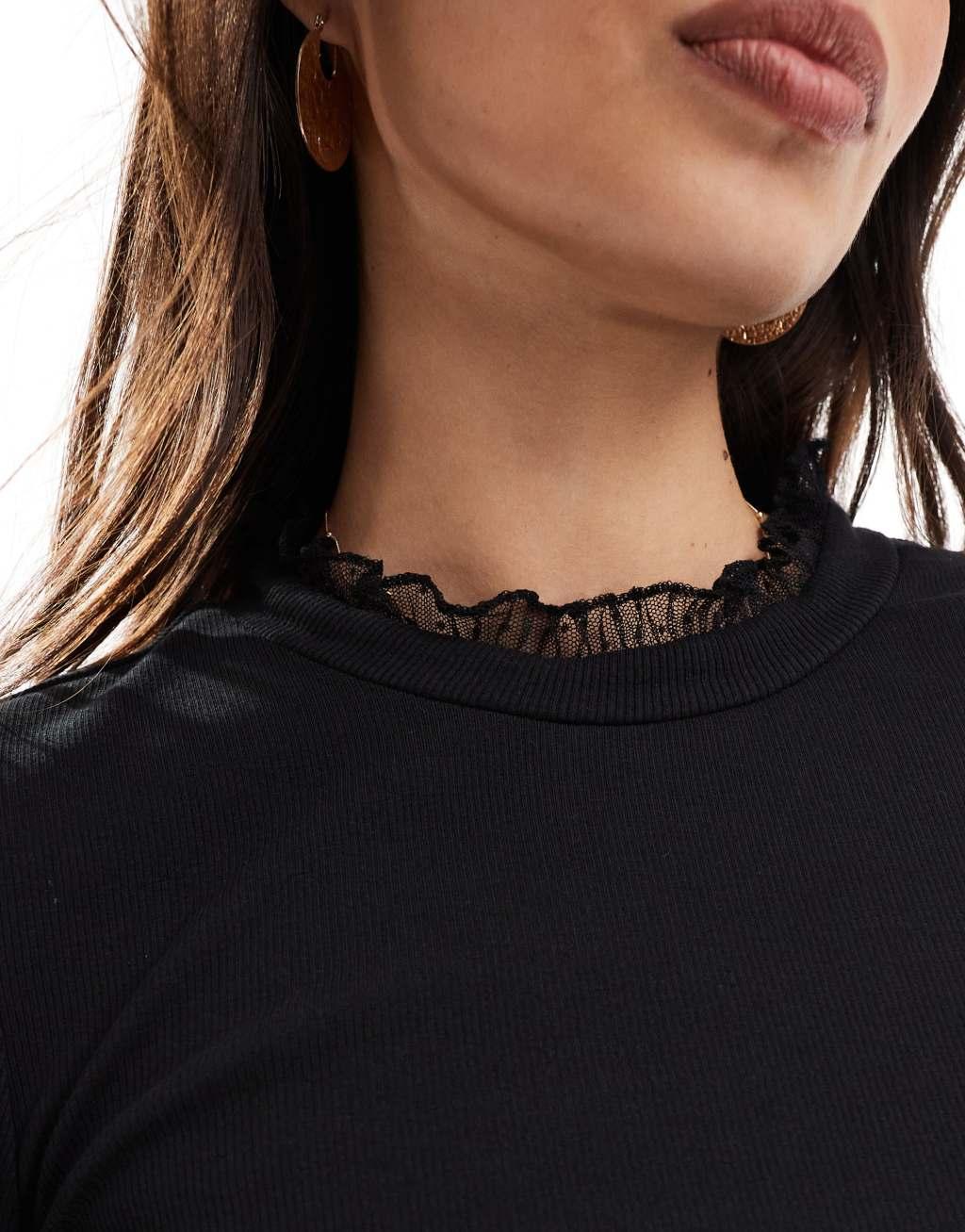 ONLY long sleeve ribbed lace trim top in black Product Image