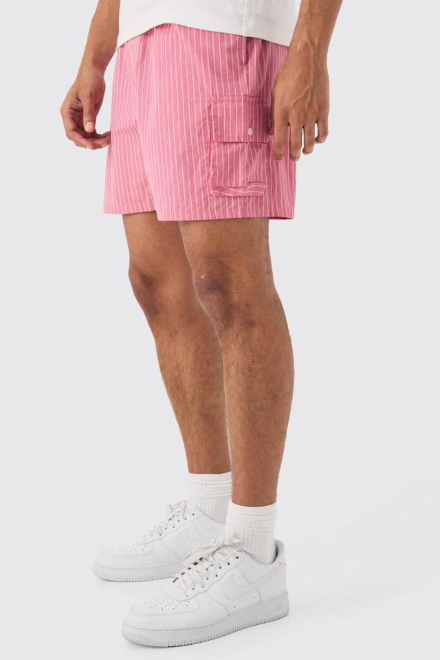 Elasticated Waist Pinstripe Linen Look Short In Red | boohooMAN USA Product Image