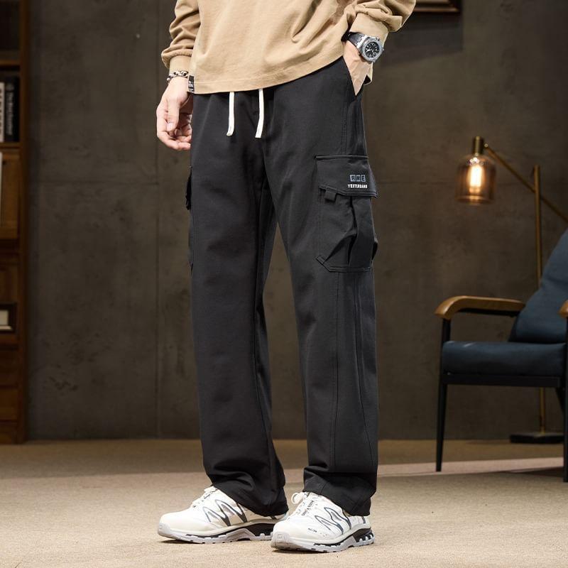 Drawstring Waist Plain Loose Fit Cargo Pants Product Image