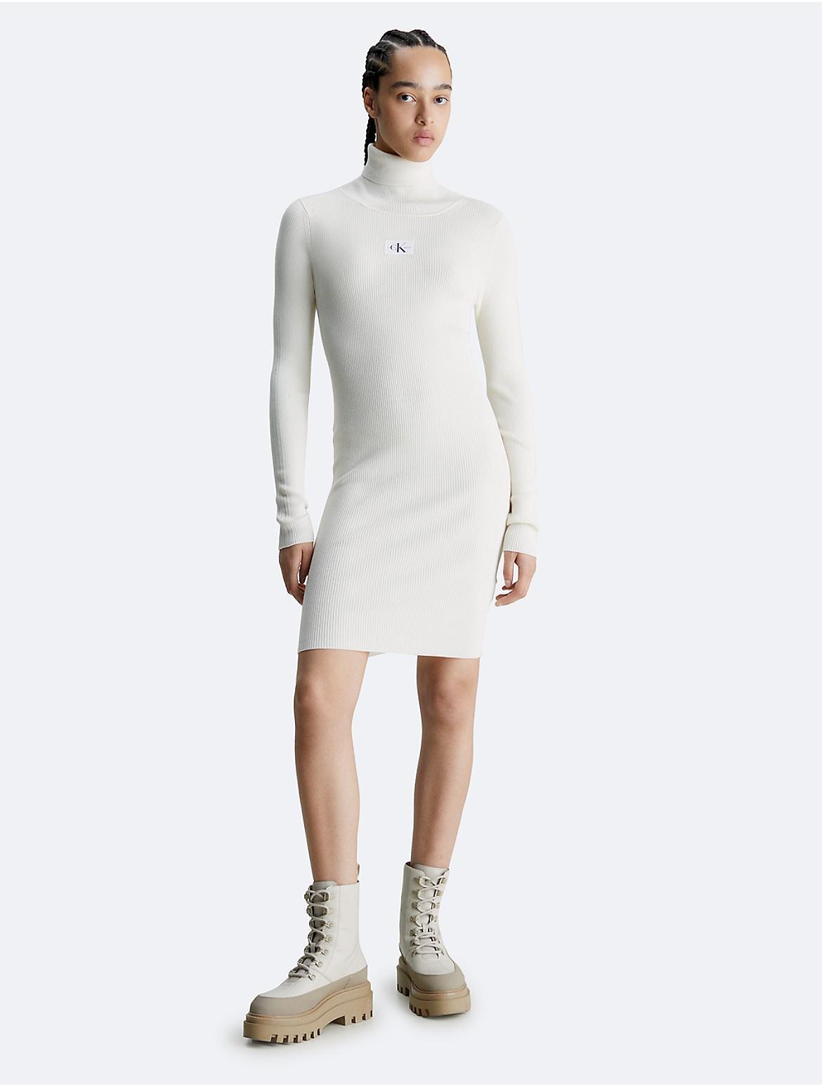 Calvin Klein Womens Ribbed Mini Turtleneck Sweater Dress - Neutral - XL Product Image