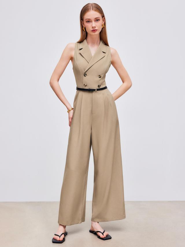 Collar Solid Button Jumpsuit With Belt Product Image