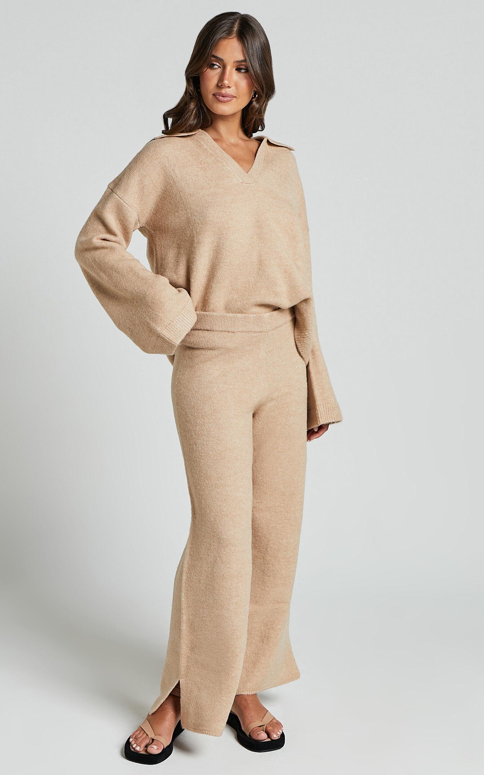 Livia Pants - Knitted High Waisted Side Split Pants in Beige Marl Product Image